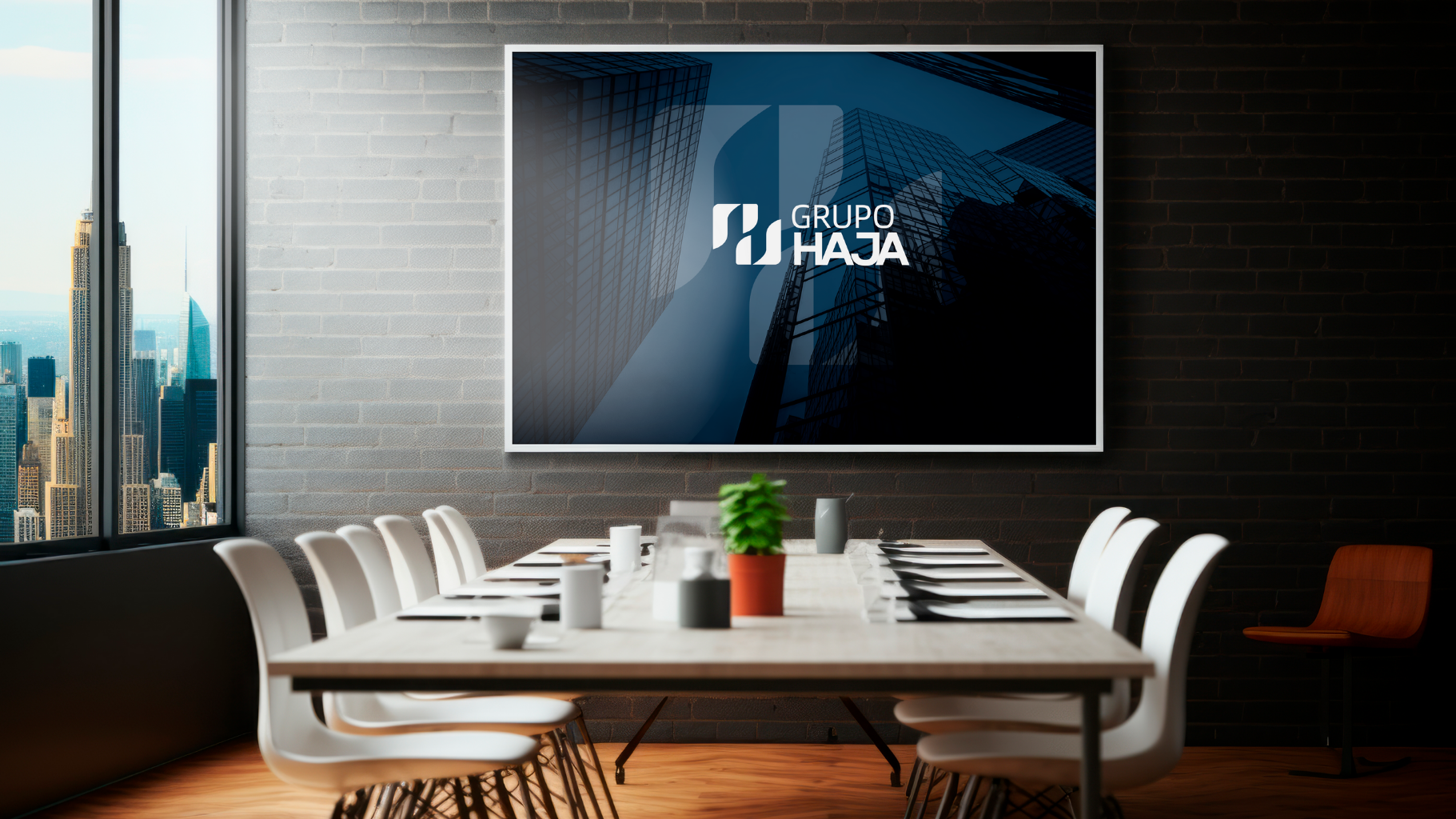 Painel institucional do Grupo Haja em sala de reunião